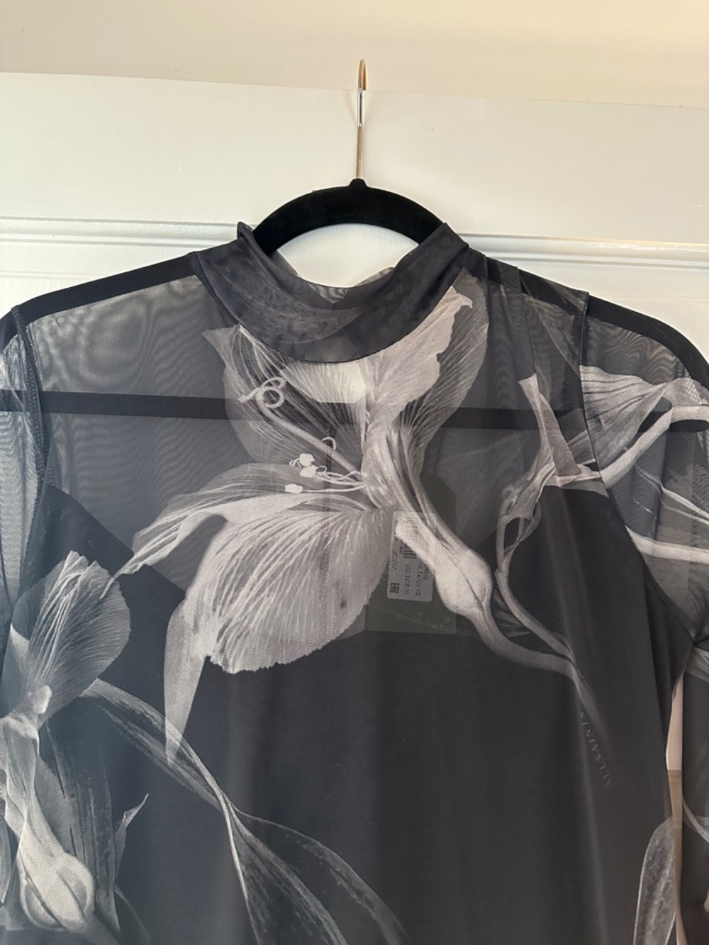 AllSaints Black Sheer Floral-Print Long Sleeve Midi Dress - Picture 2 of 10
